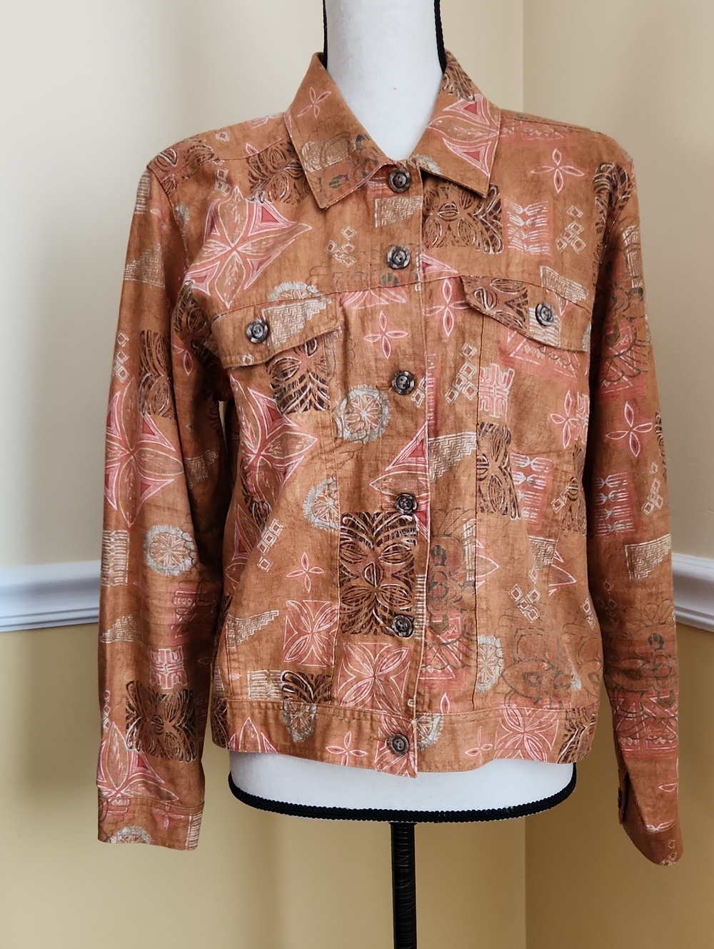 Womens Printed Rust Button-Front Unlined Jacket EUC Size Small